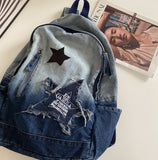 MOJOYCE-Vintage Star Patch Gradient Denim Backpack