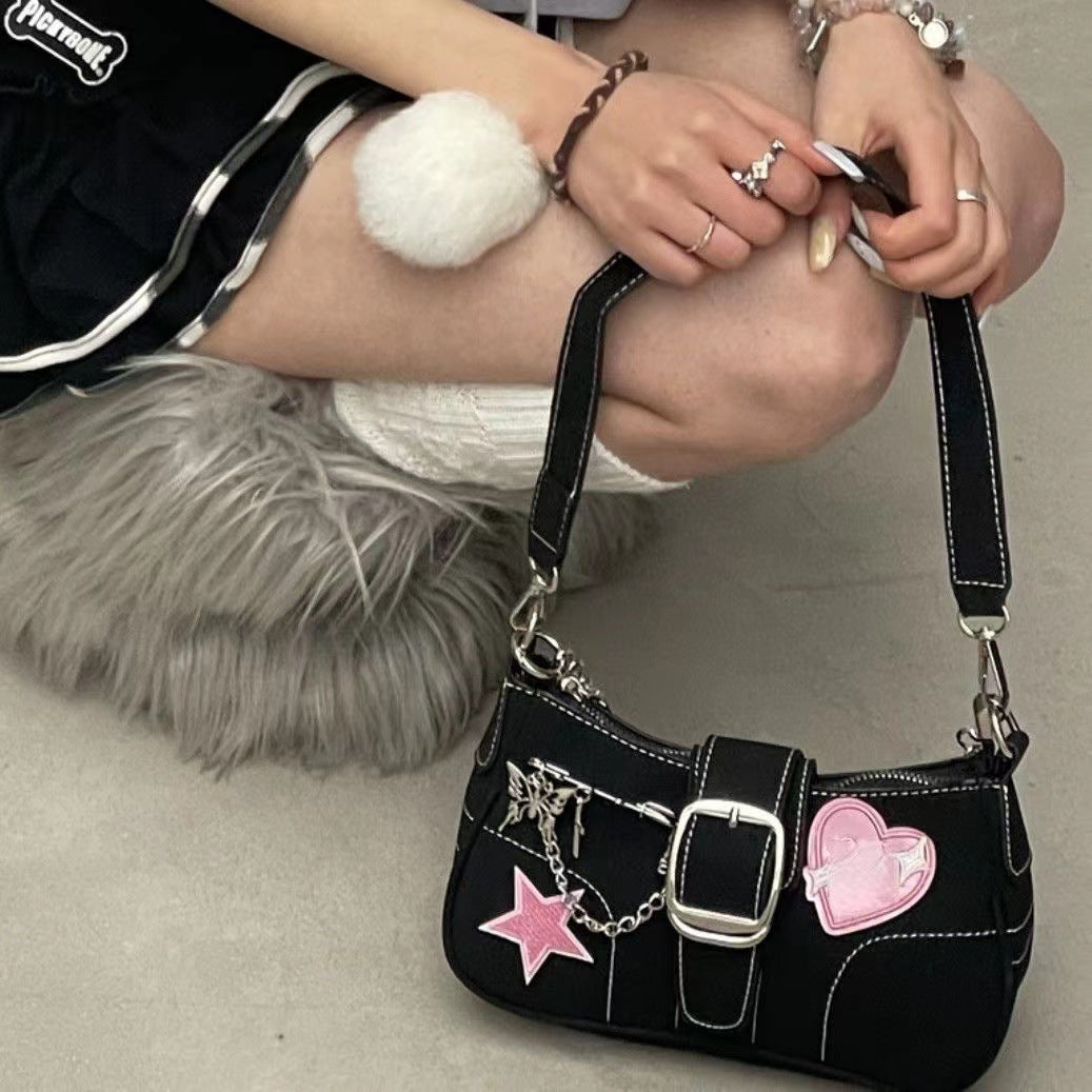 MOJOYCE-Butterfly Chain Detail Star Buckled Denim Shoulder Bag