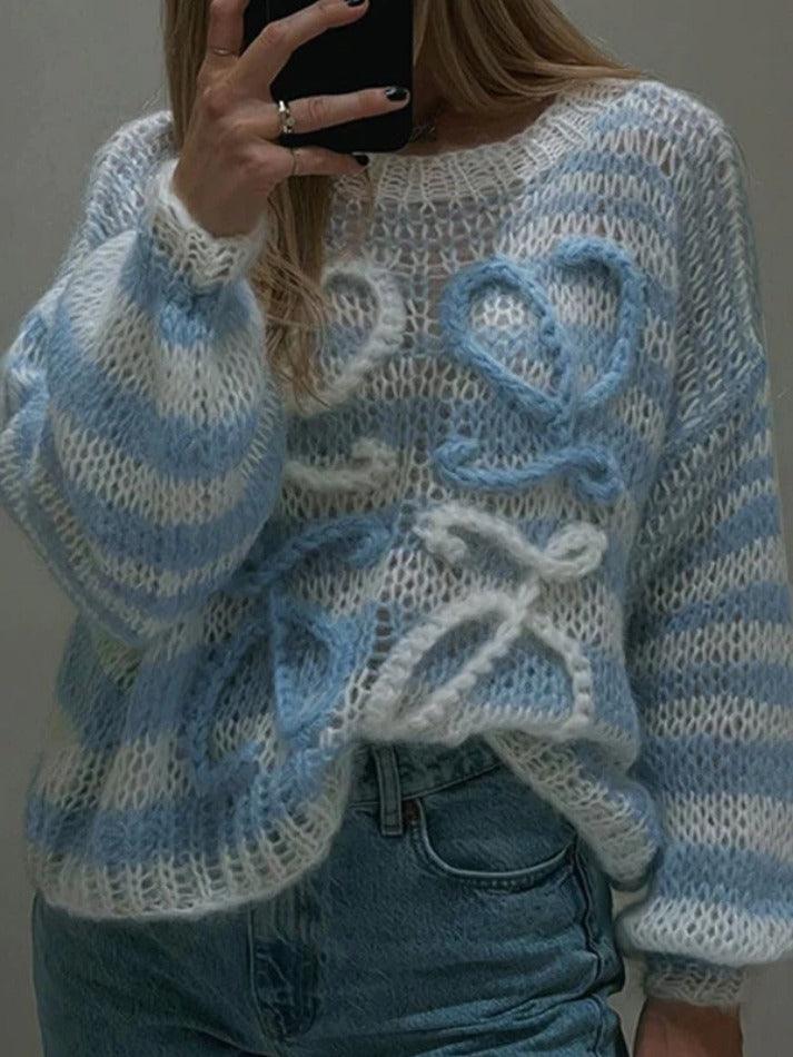 Mojoyce-Stripe Crochet Baggy Sweater