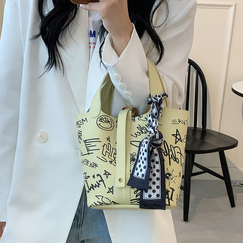 MOJOYCE-Cartoon Print Silk Scarf Bucket Bag