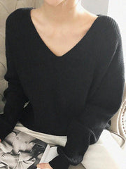 Mojoyce-Solid V Neck Irregular Hem Baggy Knit Sweater