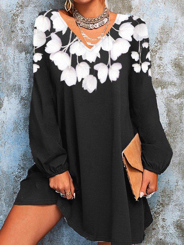 Mojoyce-Cotton-blend 5XL Solid Floral Print Long Sleeve Short Dress Blouse