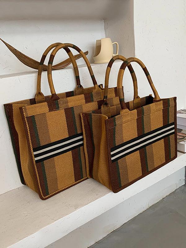 Mojoyce-Vintage Contrast Color Striped Two Size Tote Bag