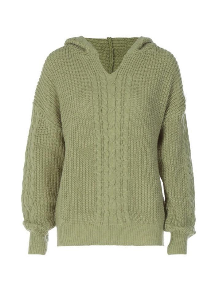 Mojoyce-Solid Color Hooded Cable Knit Sweater