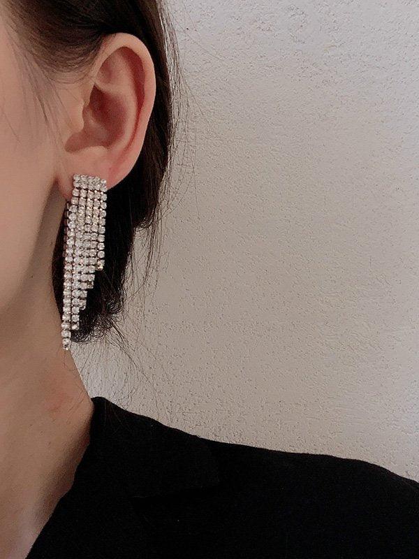 Mojoyce-Large Long Crystal Tassel Earrings