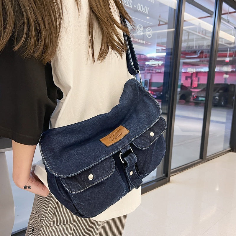 MOJOYCE-Washed Denim Canvas Crossbody Bag