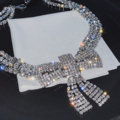 Rhinestone Choker Necklace Bow-Knot Full Crystals Necklaces Silver Sparkly Necklace Chain Jewelry Fashion Party Accessories for Women and Girls