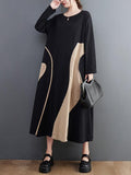Mojoyce-Casual Long Sleeves Loose Contrast Color Printed Round-Neck Midi Dresses
