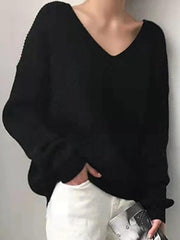 Mojoyce-Solid V Neck Irregular Hem Baggy Knit Sweater