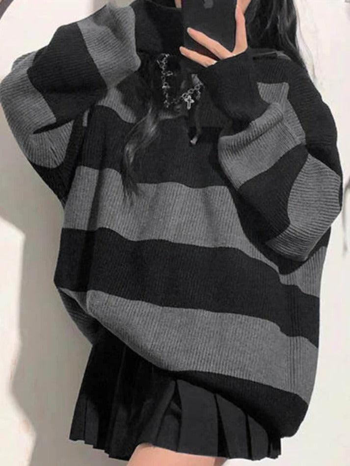 Mojoyce-Stripe Splice Hooded Baggy Knit Sweater