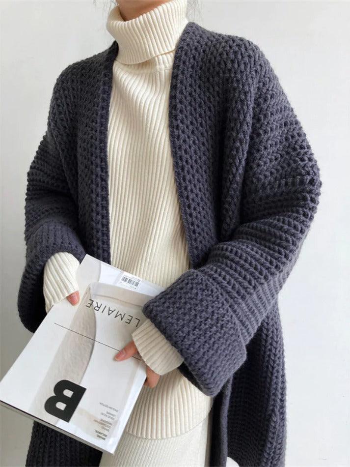 Mojoyce-Solid Baggy Knit Long Cardigan