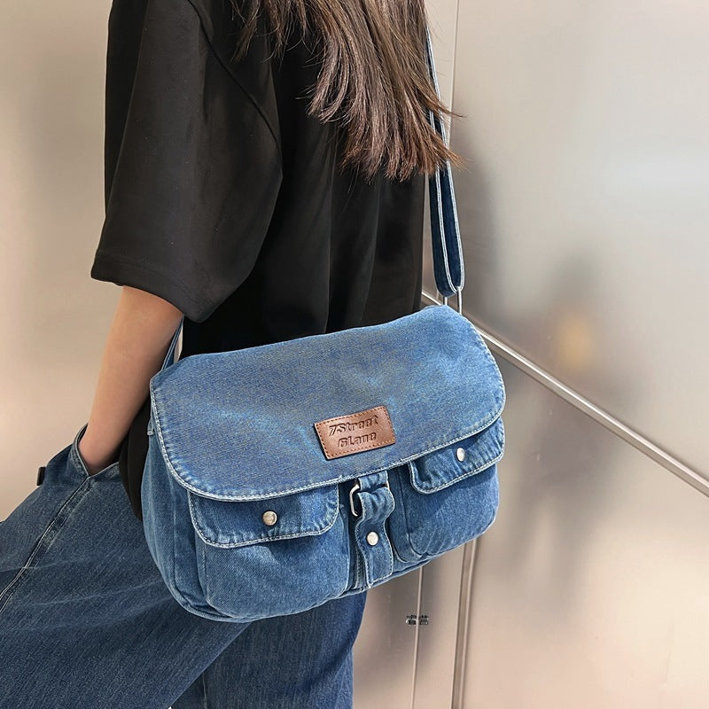 MOJOYCE-Washed Denim Canvas Crossbody Bag