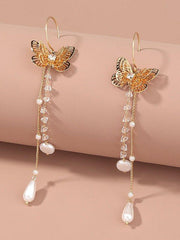 Mojoyce-Original Chic Alloy Butterfly Pearl Tassels Earrings