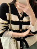 Mojoyce-Contrast Color Stripe V Neck Knit Cardigan