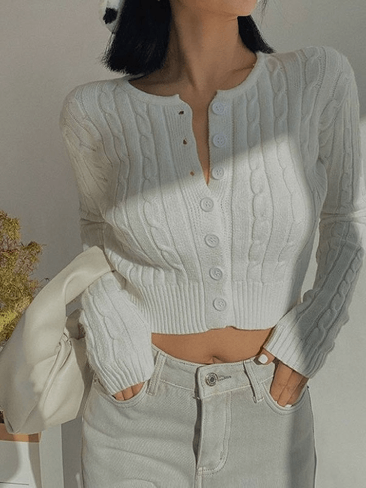 Mojoyce-Cropped Button Cable Knit Cardigan