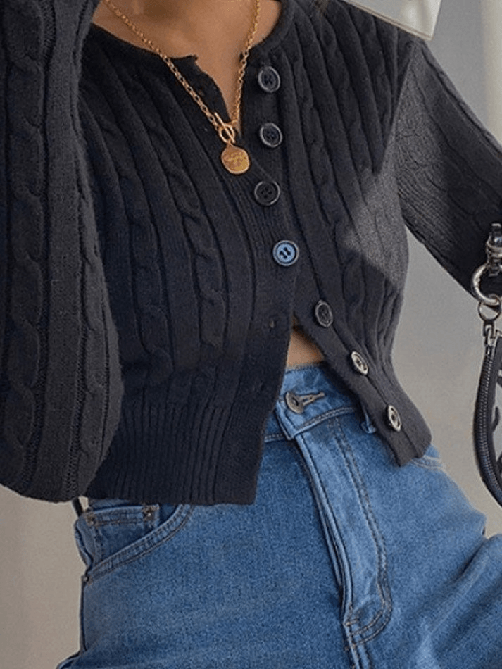 Mojoyce-Cropped Button Cable Knit Cardigan