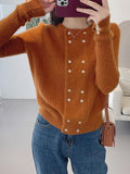 Mojoyce-Urban Long Sleeves Buttoned Solid Color Round-Neck Cardigan Tops
