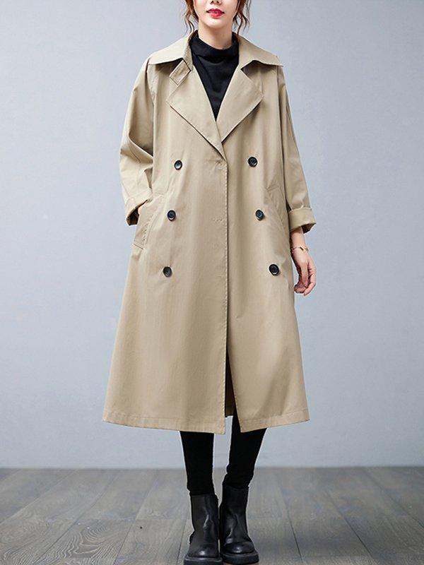 Mojoyce-Loose Buttoned Notched Collar Trench Coat