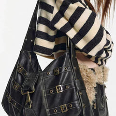 MOJOYCE-Buckled Strap Pu Leather Shoulder Bag