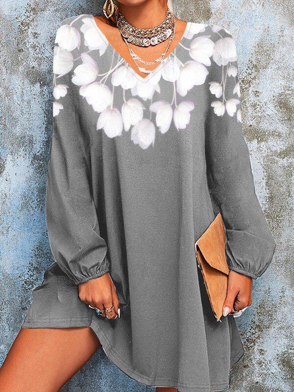 Mojoyce-Cotton-blend 5XL Solid Floral Print Long Sleeve Short Dress Blouse