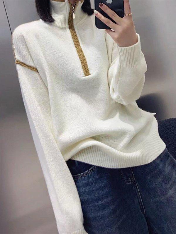 Mojoyce-Urban Contrast Color Zipper High-Neck Sweater Tops Pullovers