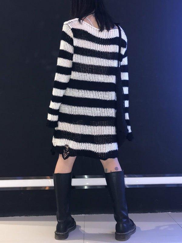 Mojoyce-Distressed Stripe Longline Sweater