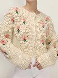Women's Cardigan Sweater Jumper Crochet Knit Button Knitted Floral Crew Neck Stylish Casual Outdoor Daily Fall Winter Red Beige S M L