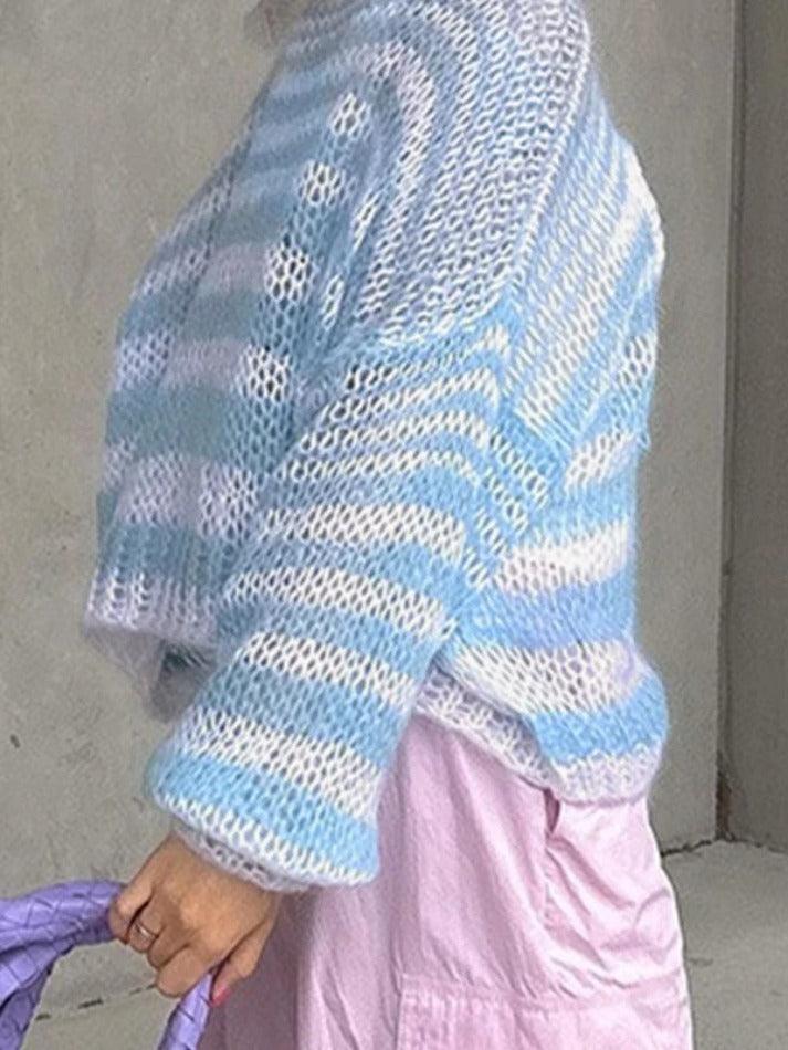 Mojoyce-Stripe Crochet Baggy Sweater