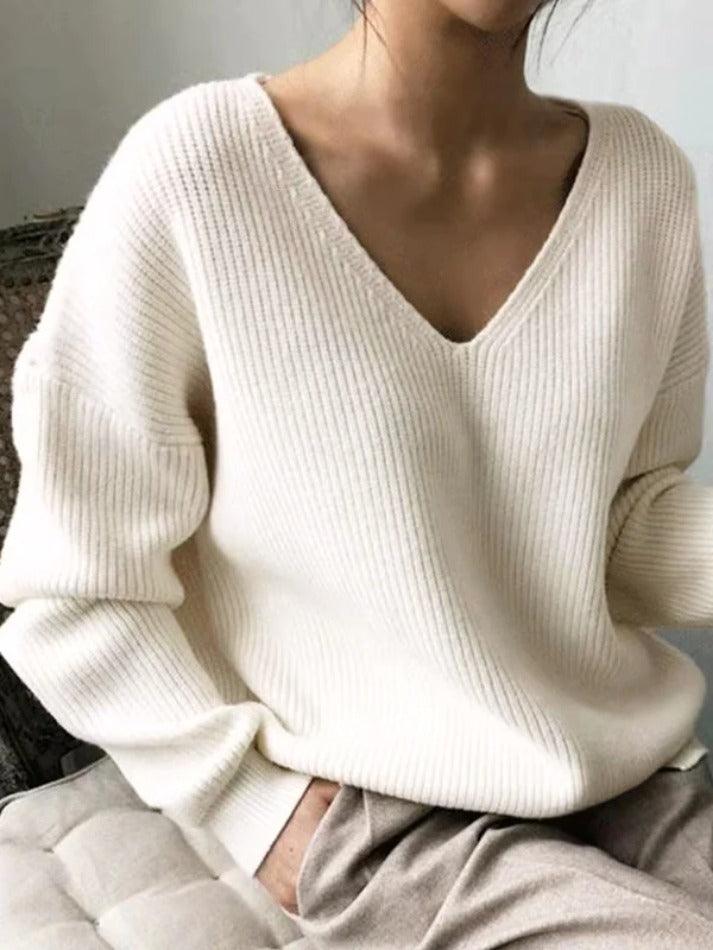 Mojoyce-Solid V Neck Irregular Hem Baggy Knit Sweater