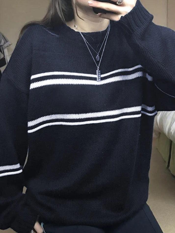 Mojoyce-Stripe Pullover Baggy Sweater