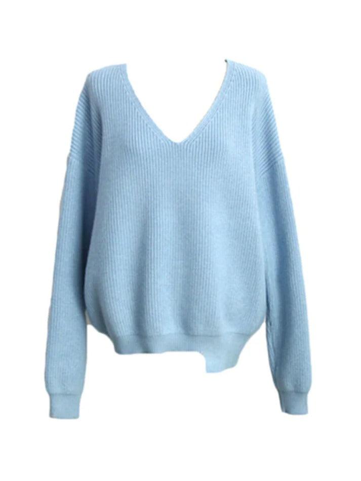 Mojoyce-Solid V Neck Irregular Hem Baggy Knit Sweater