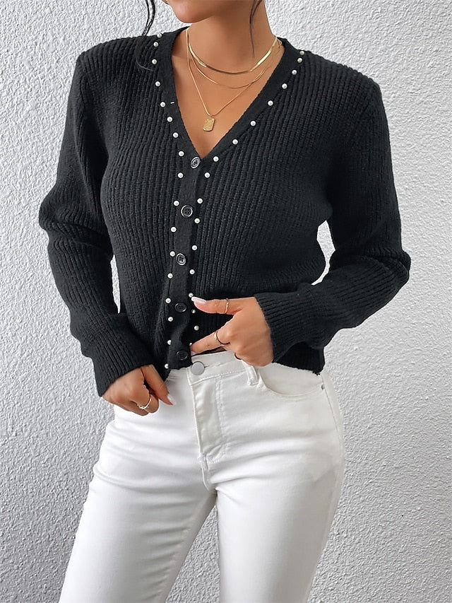 Women's Cardigan Sweater Jumper Ribbed Knit Button Beads Solid Color V Neck Stylish Casual Outdoor Daily Summer Fall Black Light Green S M L