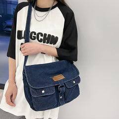 MOJOYCE-Washed Denim Canvas Crossbody Bag