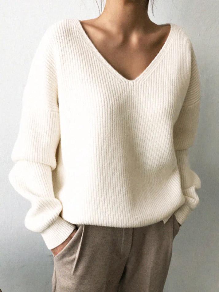 Mojoyce-Solid V Neck Irregular Hem Baggy Knit Sweater