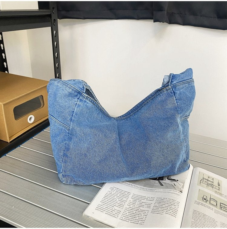 MOJOYCE-Large Washed Denim Crossbody Bag