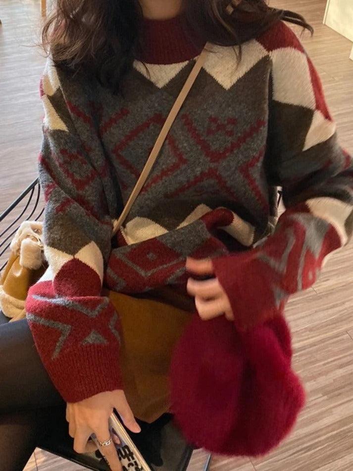 Mojoyce-Geometric Jacquard Vintage Pullover Sweater