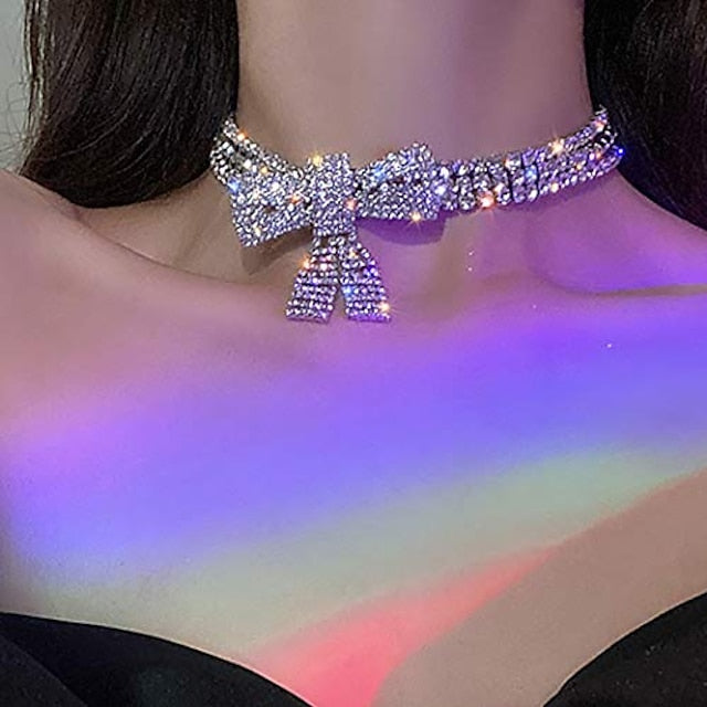 Rhinestone Choker Necklace Bow-Knot Full Crystals Necklaces Silver Sparkly Necklace Chain Jewelry Fashion Party Accessories for Women and Girls