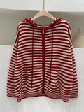 Mojoyce-Hooded Striped Long Sleeve Knit Cardigan