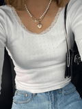 Mojoyce-Lace Trim White Knit Top