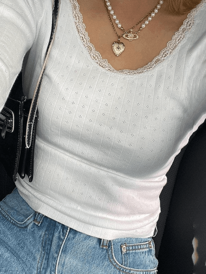 Mojoyce-Lace Trim White Knit Top