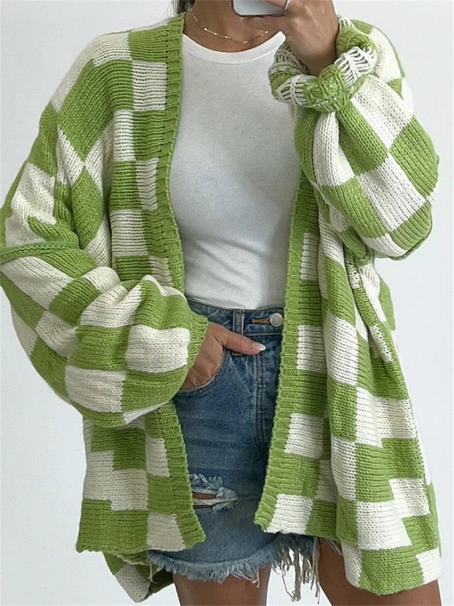 Women's Cardigan Sweater Jumper Ribbed Knit Patchwork Plaid Open Front Stylish Casual Daily Going out Fall Winter Black Green S M L