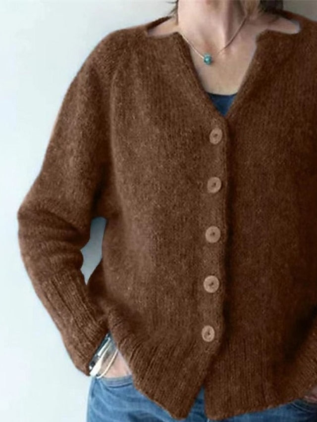 Women's Cardigan Sweater Jumper Crochet Knit Button Knitted Solid Color V Neck Stylish Casual Outdoor Daily Winter Fall Blue Brown S M L / Long Sleeve / Regular Fit / Going out