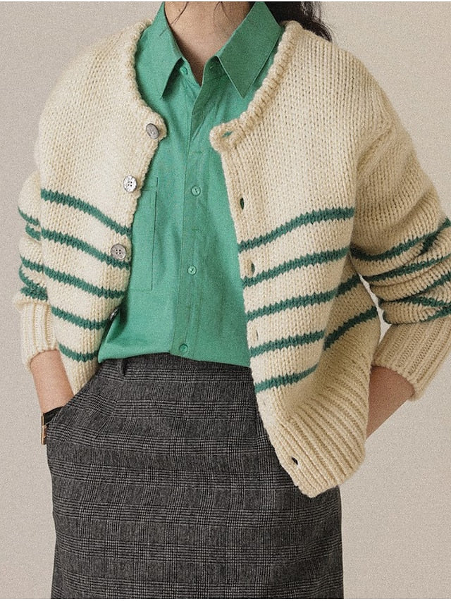 Women's Cardigan Sweater Jumper Crochet Knit Button Striped Crew Neck Stylish Casual Outdoor Daily Summer Fall Green Beige One-Size