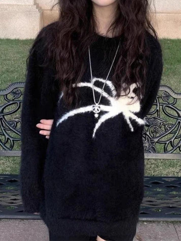 Mojoyce-Plush Spider Print Baggy Sweater