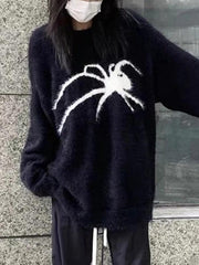 Mojoyce-Plush Spider Print Baggy Sweater