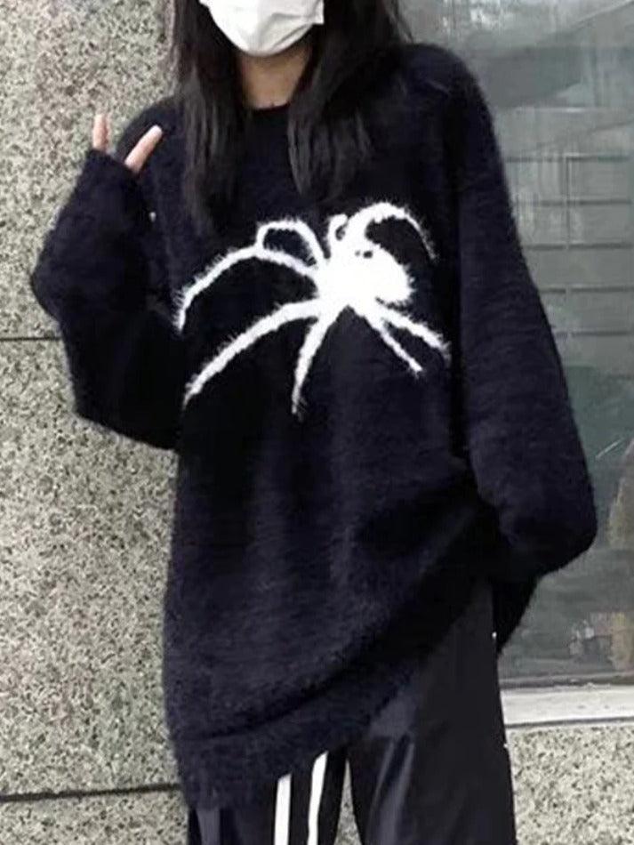 Mojoyce-Plush Spider Print Baggy Sweater