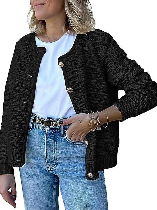 Women's Cardigan Sweater Jumper Ribbed Knit Short Button Pocket Solid Color Crew Neck Stylish Casual Daily Going out Fall Winter White / Black Black S M L