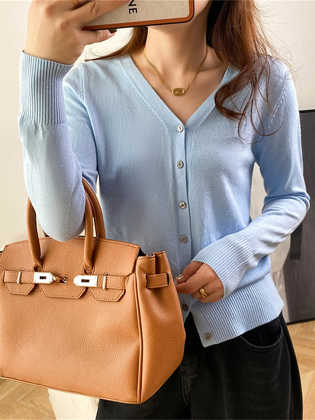 Women's Cardigan Sweater Jumper Ribbed Knit Button Solid Color V Neck Stylish Casual Outdoor Daily Summer Fall Black White S M L