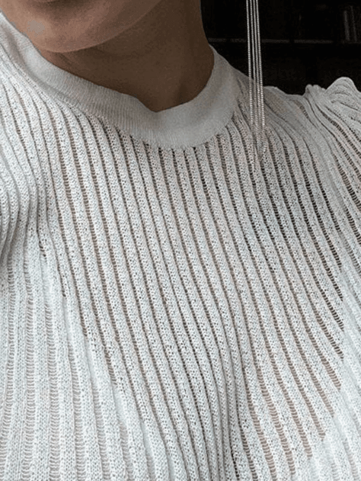 Mojoyce-See Through Long Sleeve Ribbed Knit Top