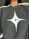 Mojoyce-Star Decor Zipper Cutout Loose Sweater